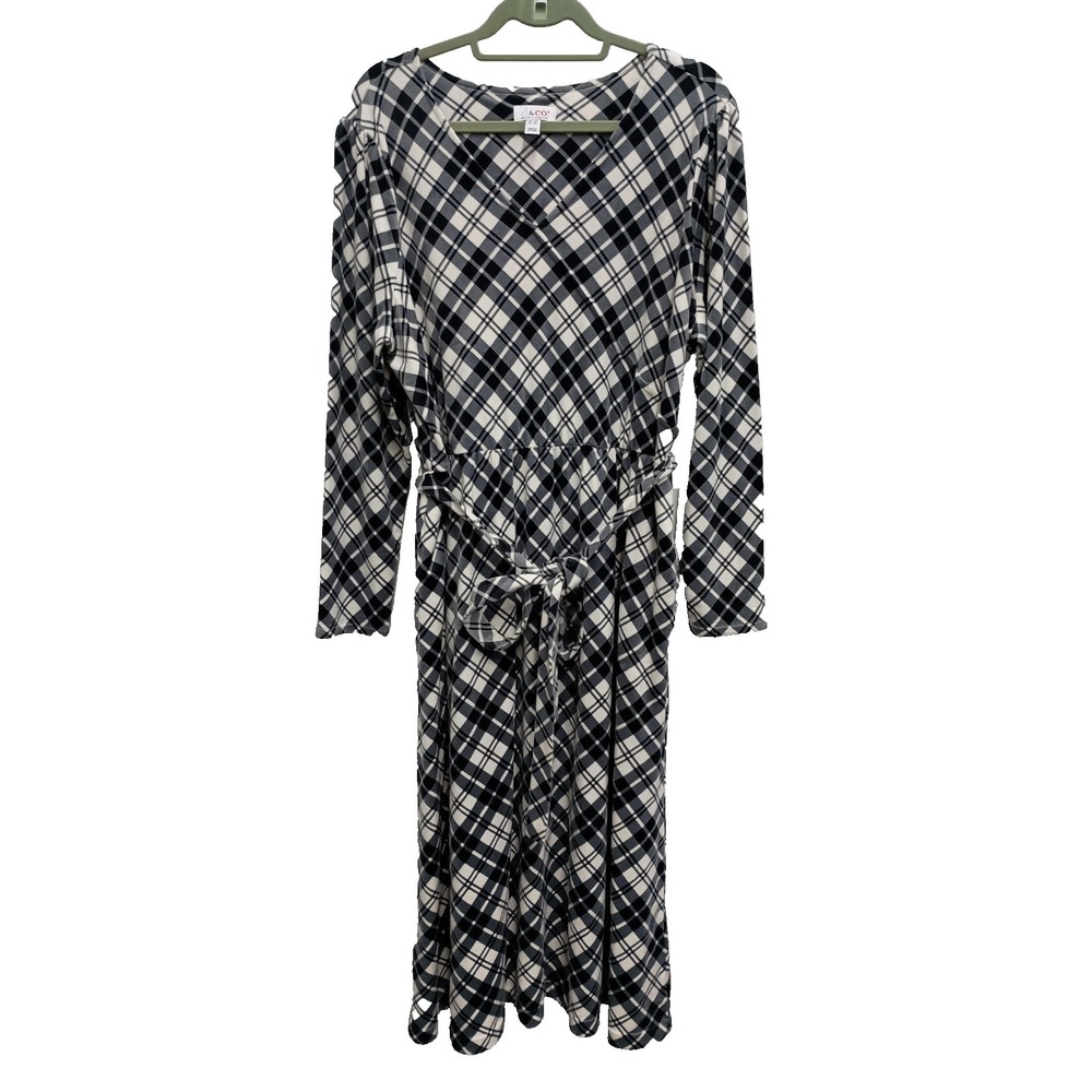 Denim & Co BOHO Maxi Dress Womens Size 1X Black White Plaid Velvet Modest Casual